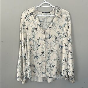 Zara Cream/White Button Down Shirt with Bird Print XXL